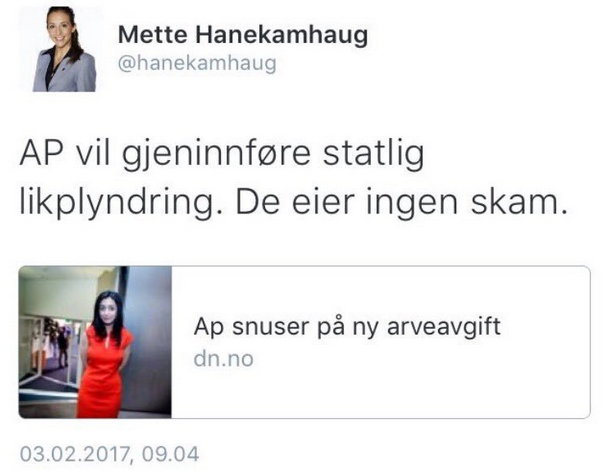 Skjermbilde av Mette Hanekamhaugs tweet