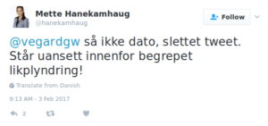 Skjermbilde av Mette Hanekamhaugs tweet